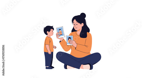 Sweet memories together, family time looking at photo album with child, creating a connection, mother and son, happy family moments