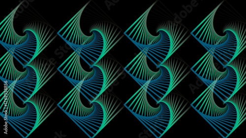 Abstract geometric vector design featuring interlocking turquoise and teal spiral shapes on a black background. Ideal for modern digital backgrounds, technology-themed posters, contemporary branding