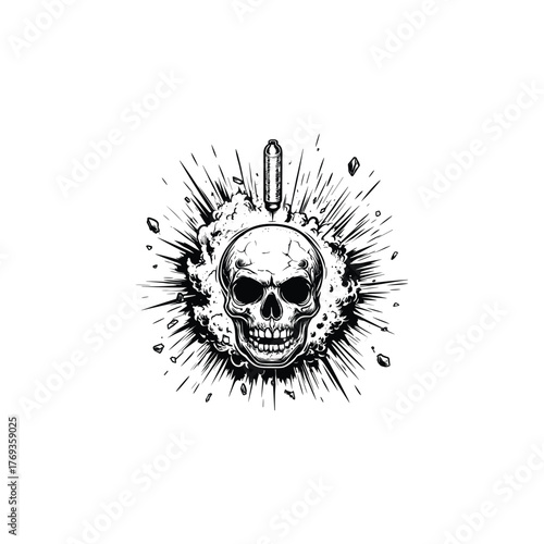 Aggressive human skull illustration with an open, snarling jaw, surrounded by a dramatic, radial explosion or grunge burst effect.