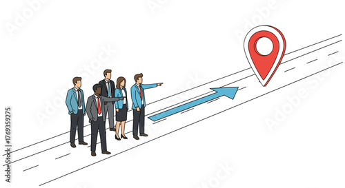 Motivated business team pointing towards a bold strategic goal for company growth and pinpointing success on the horizon with confident leadership