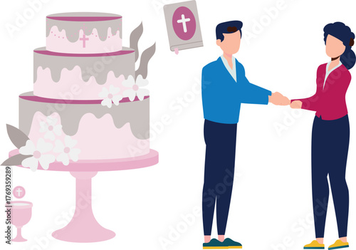 The boy and girl are cutting chirstmis cake