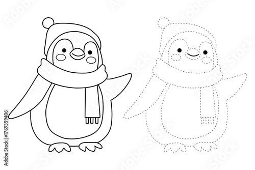 Cute penguin wear scarf trace and coloring pages for kids printable vector