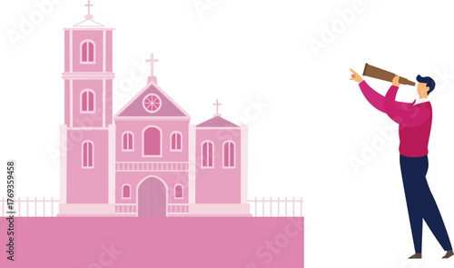 The boy is looking cathedral church by using spyglass.