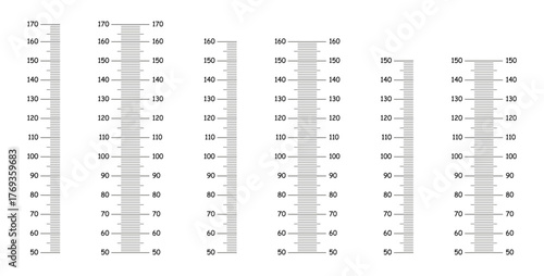 Kids height charts growth stickers for wall. Stadiometer scale from 50 to 150, 160, 170 centimeters. Height meter templates. Measuring scale black samples. Vertical markup for rulers.