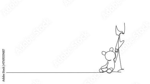 Animation of continuous line drawing a girl standing and looking down dejectedly holding a teddy bear. Abuse. National Missing of Children Day. Single line self drawing animated. Full length motion
