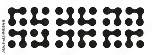 Metaball dot icons. Connected circle shape signs. Simple abstract patterns. Integration symbols. Point movement. Morphing blobs. Metaballs transition. Logo, sticker templates. Web design elements.