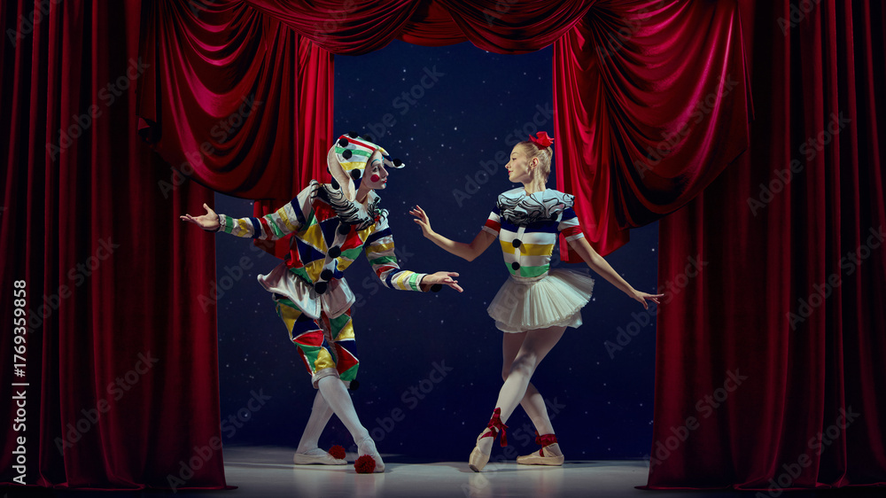 Naklejka premium Theater dialogue. Mime and ballerina performing expressive motion in red curtain frame. Concept of visual storytelling, creativity, and emotion for magazines, posters, and art media.