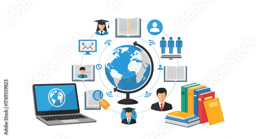 Global education opportunities with online learning, connecting students and resources around the world with modern technology and books