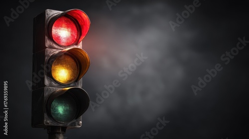 Isolated traffic light with bright red glow, yellow and green bulbs off, moody contrast background, stop signal concept