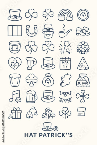 Collection of Linear Icons Representing St. Patrick's Day Celebrations, Irish Culture, and Associated Symbols.