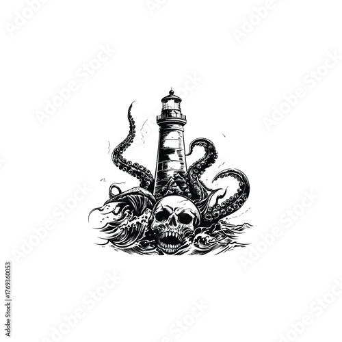 Dark nautical engraving illustration of a lighthouse being attacked by giant octopus tentacles, with a sinister human skull submerged in the surrounding ocean waves