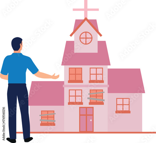 The man is looking gergeti trinity church