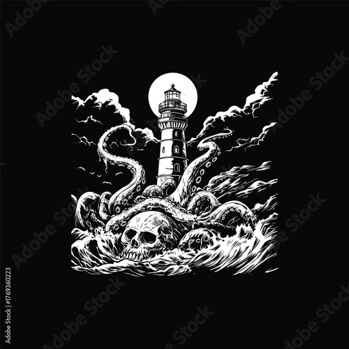 Dramatic dark engraving illustration of a lighthouse menaced by giant octopus tentacles and a sinister human skull amidst crashing waves.