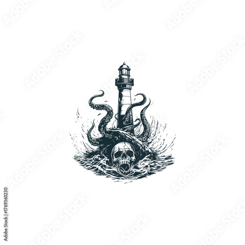 Dark nautical engraving illustration of a lighthouse being attacked by giant octopus tentacles, with a sinister human skull submerged in the surrounding ocean waves