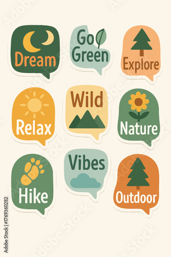 Set of Nature and Outdoor Themed Social Media Stickers in Flat Design Speech Bubble Shapes with Inspirational Text.