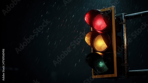 Realistic night capture of a red-yellow-green traffic light, only red glowing, sharp reflections, dark moody backdrop --ar 16:9 --v 7 Job ID: 049e3566-e8a0-4572-aa8d-89b49a39de31