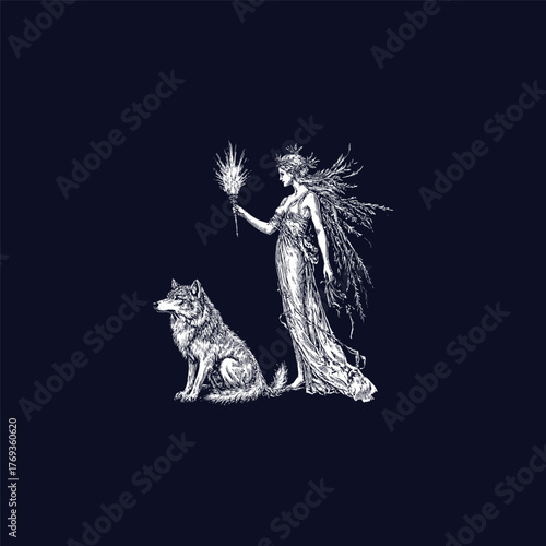 vintage engraving style illustration of a mystical goddess or dryad in a flowing gown and crown, holding a radiant torch or glowing foliage, standing next to a calm, seated wolf
