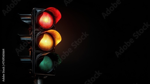 Red traffic light glowing bright in the night, green and yellow lights unlit, isolated on black background, concept of stop or danger