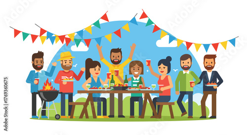 Lively friends enjoying summer barbecue party with grill, drinks, and festive decorations for a celebration of friendship and outdoor fun