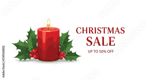 Christmas sale up to 50% off, featuring a vibrant red candle and holly, perfect for holiday promotions and seasonal marketing