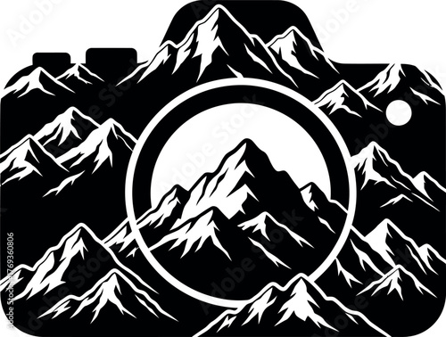 Camera Lens and Mountains Black and White Vector Design for Photographers and Nature Lovers