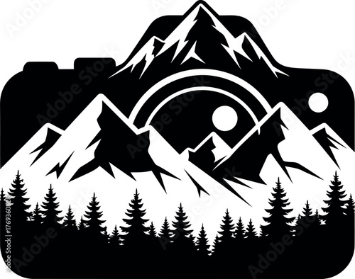 Camera lens design with mountain range and forest perfect for photography logo and branding