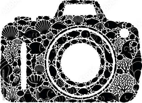 Camera Silhouette Made of Sea Creatures Underwater World Photography Concept Black and White Design