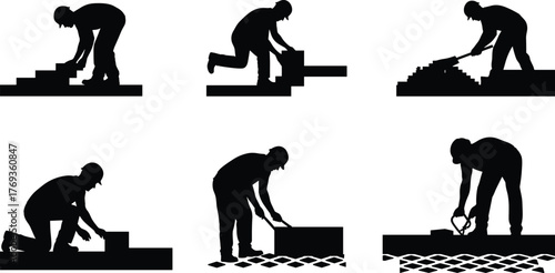 Silhouette vector illustration of construction worker laying bricks, spreading mortar, aligning tiles, using tools, masonry techniques, safety, repair, architecture, and industry