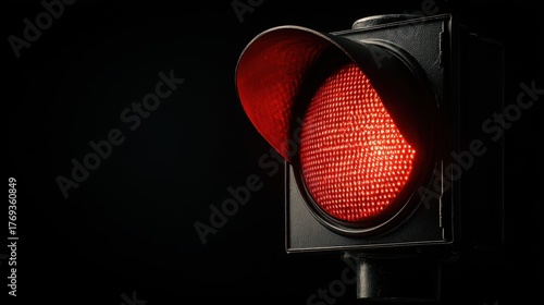 Red light from traffic signal glowing in the dark, black background highlighting vivid color, safety and caution concept