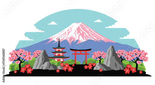 Stunning Mount Fuji view with cherry blossoms and torii gate in spring, a classic Japanese landscape for travel and cultural inspiration