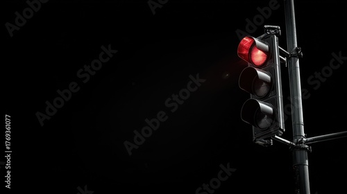 Traffic light pole in front of black background, single red light on, high contrast and crisp details, urban night theme