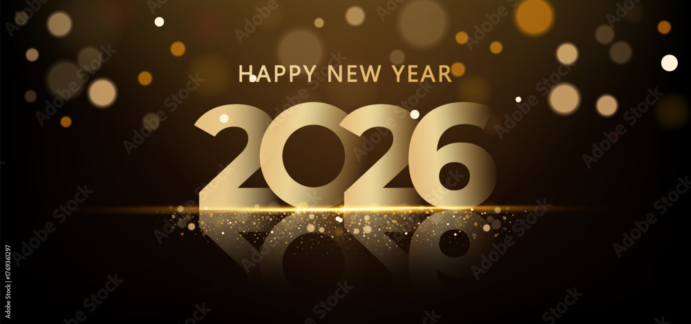 Fototapeta premium 2026 Happy New Year celebration background. Golden numbers with glow light effects on black.