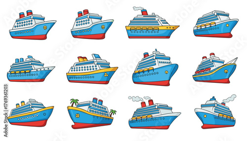 Cruise ships cartoon set, vector illustrations for children's books, travel brochures, nautical themed designs, and educational resources