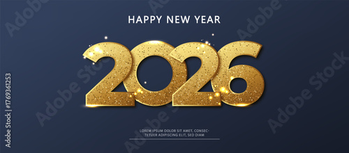 Happy New Year 2026. Luxury gold glitter glowing numbers on dark background. Festive elegant design