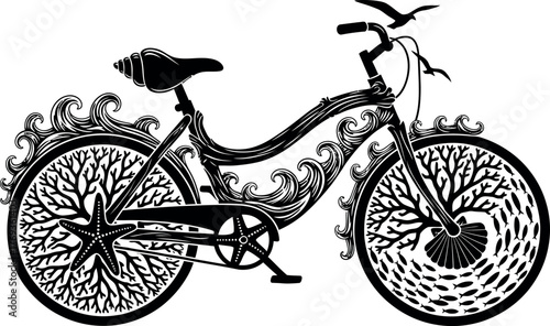 Intricate bicycle illustration with ocean theme featuring stylized waves and marine life elements vector design