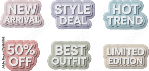 Six trendy shop bubbles promoting new arrivals style deals hot trends with soft pastel and layered