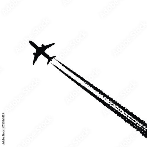 Airplane ascending with a textured contrail against a white background