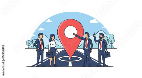 Strategic business team planning location strategy with confident leadership pointing to a pinpoint on a road map, representing achievement