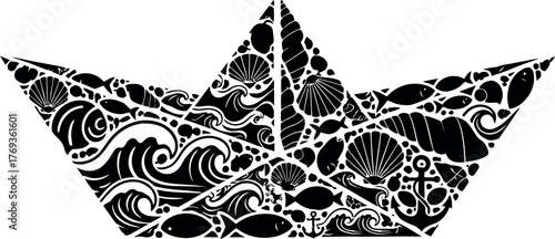 Paper Boat Illustration Composed of Marine Elements Sea Life and Nautical Symbols in Black and White