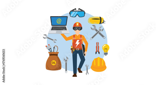 Modern electrician holding laptop with email icon surrounded by tools and equipment for website or online presence visuals, perfect for service ads