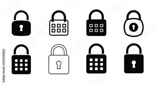 Various black and white padlock icons displayed in a grid pattern