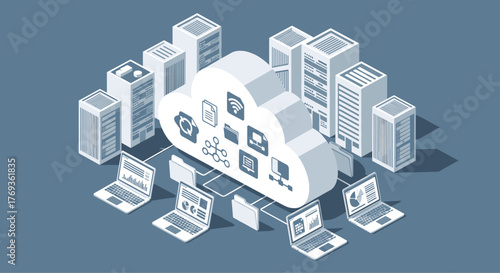 Modern data cloud connecting laptops and servers for seamless workflow and collaboration solutions in business technology management systems