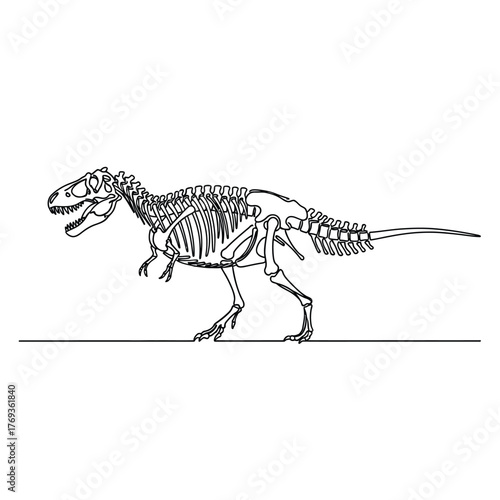 Black and white illustration of a dinosaur skeleton in motion