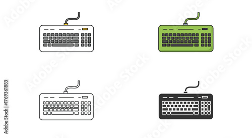 Four keyboard variations depicted in different color schemes and outlines