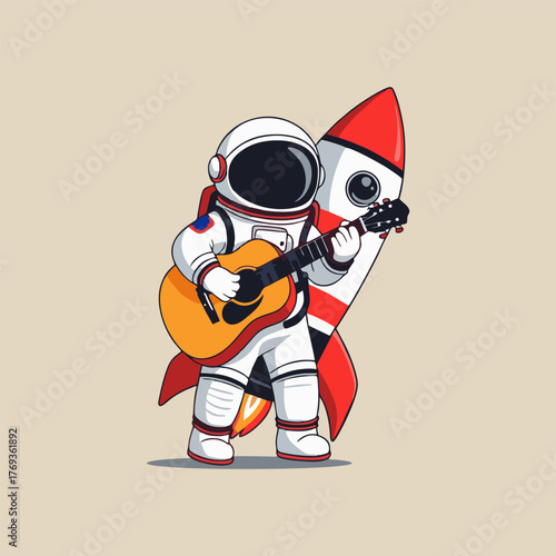 A vibrant illustration of a cute astronaut with a beaming smile, sitting on a colorful rocket, playing a guitar as they serenade the stars, with shooting stars and planets dancing in the background.