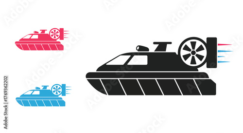 Stylized hovercraft illustrations in black blue and red color schemes