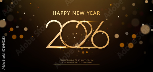 2026 golden numbers. Elegant luxury New Year design on dark background. Festive greeting card