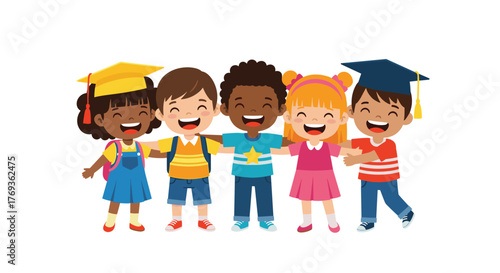 Joyful diverse kids celebrate graduation together, smiling with arms linked, showcasing friendship and educational success in a lighthearted style