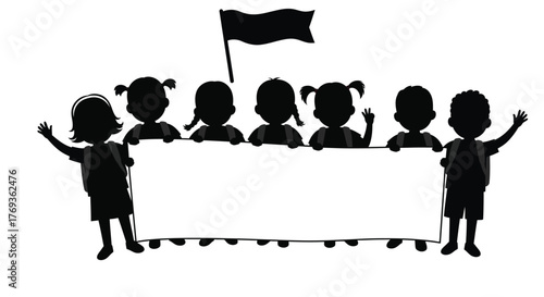 Group of children holding a banner with a raised flag illustration