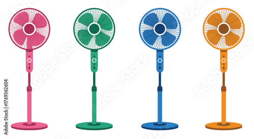 Four colorful pedestal fans stand in a row a summer day image